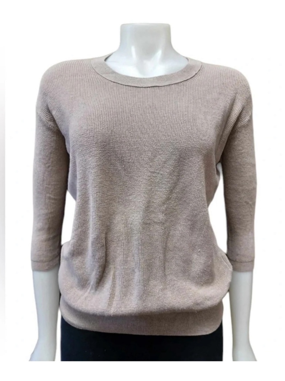 WILFRED Silk Cashmere Lightweight Rib Knit Relaxed Crop 3/4 Sleeve Pale Grey